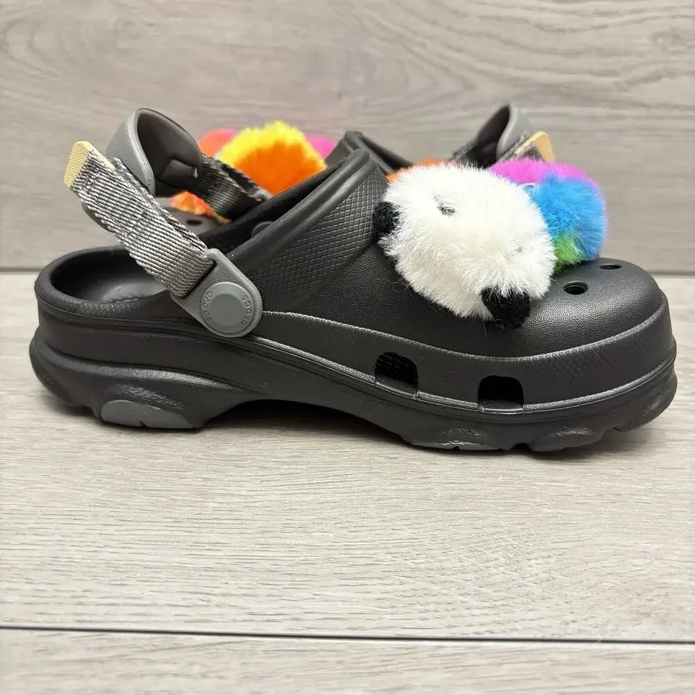 CROCS Charms Clog Sandal Fuzzy Puff Character Jibbitz Black Crocs Youth Size 13C